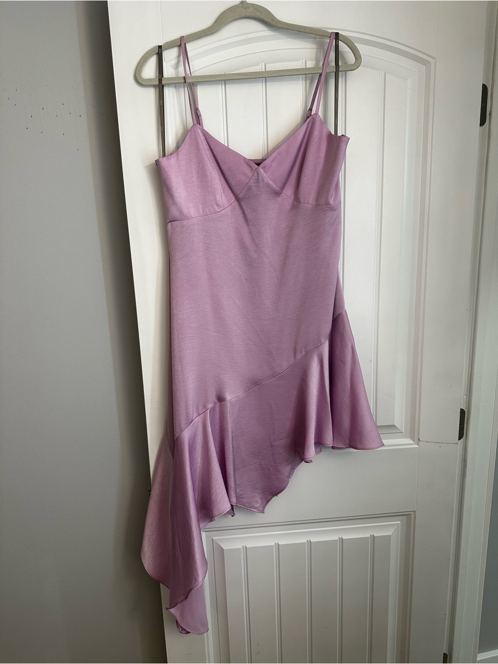 BCBG Lilac Slip Dress with Asymmetric Ruffle Hem